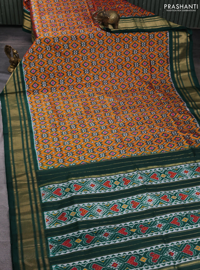Pochampally silk saree orange and bottle green with allover ikat weaves and zari woven border