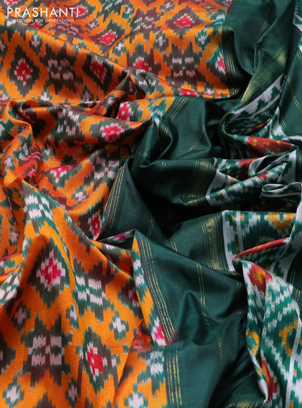 Pochampally silk saree orange and bottle green with allover ikat weaves and zari woven border