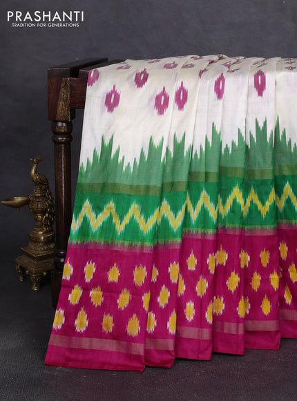 Pochampally silk saree off white and green pink with allover ikat woven buttas and rettapet zari ikat woven butta border