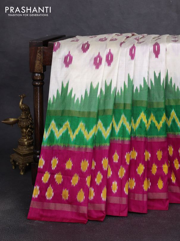Pochampally silk saree off white and green pink with allover ikat woven buttas and rettapet zari ikat woven butta border