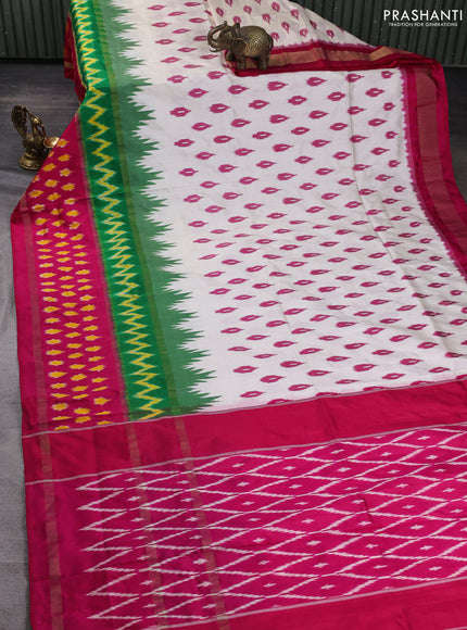 Pochampally silk saree off white and green pink with allover ikat woven buttas and rettapet zari ikat woven butta border