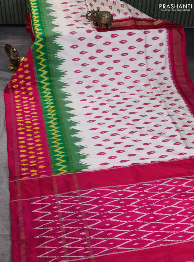 Pochampally silk saree off white and green pink with allover ikat woven buttas and rettapet zari ikat woven butta border