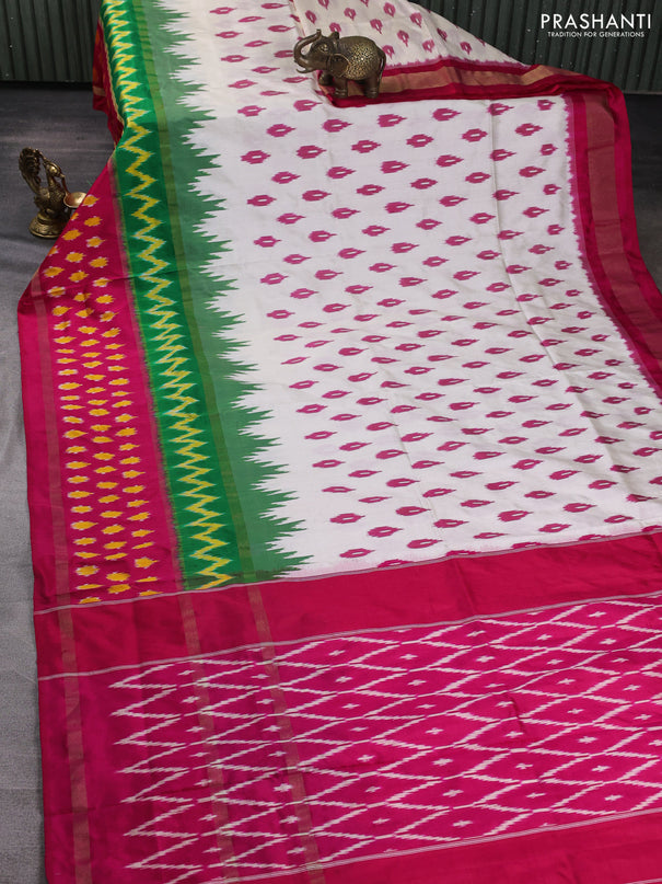 Pochampally silk saree off white and green pink with allover ikat woven buttas and rettapet zari ikat woven butta border
