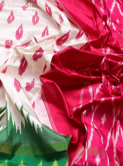 Pochampally silk saree off white and green pink with allover ikat woven buttas and rettapet zari ikat woven butta border