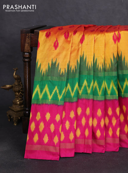 Pochampally silk saree mustard yellow and green pink with allover ikat woven buttas and rettapet zari ikat woven butta border