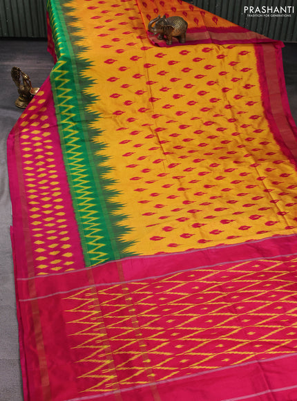 Pochampally silk saree mustard yellow and green pink with allover ikat woven buttas and rettapet zari ikat woven butta border