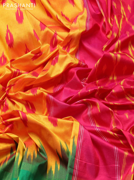 Pochampally silk saree mustard yellow and green pink with allover ikat woven buttas and rettapet zari ikat woven butta border