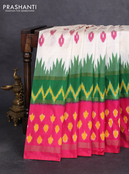 Pochampally silk saree off white and green pink with allover ikat woven buttas and rettapet zari ikat woven butta border
