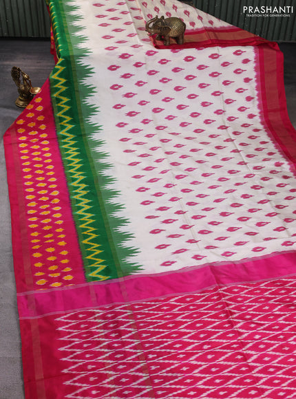 Pochampally silk saree off white and green pink with allover ikat woven buttas and rettapet zari ikat woven butta border