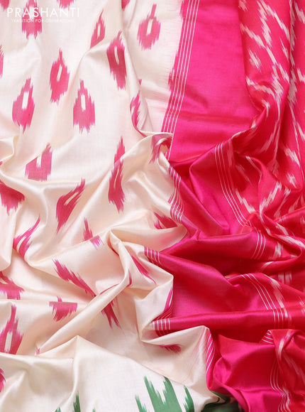 Pochampally silk saree off white and green pink with allover ikat woven buttas and rettapet zari ikat woven butta border