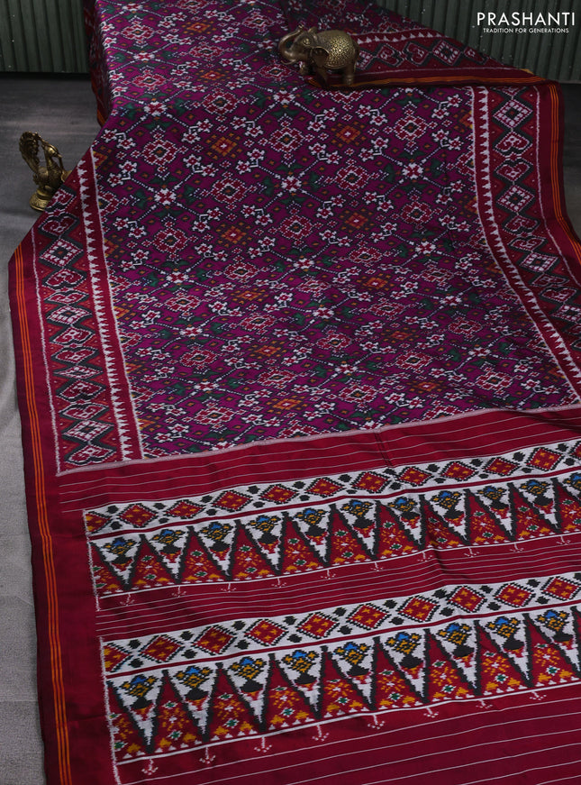 Pochampally silk saree megenta pink and maroon with allover ikat weaves and ikat woven border