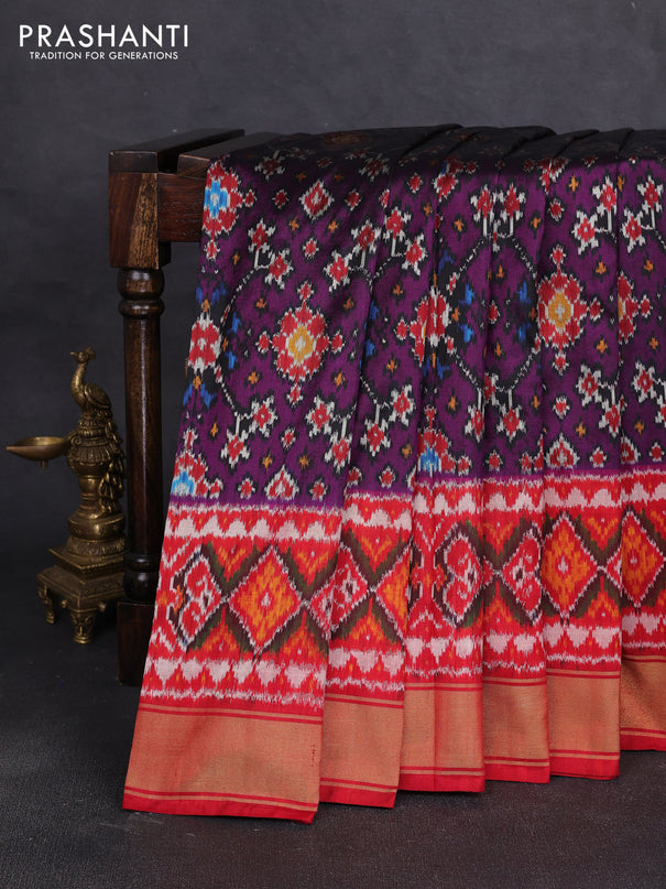 Pochampally silk saree deep purple and red with allover ikat weaves and ikat zari woven border