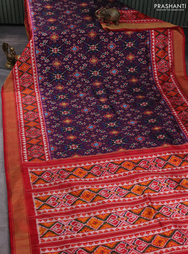 Pochampally silk saree deep purple and red with allover ikat weaves and ikat zari woven border
