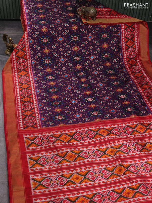 Pochampally silk saree deep purple and red with allover ikat weaves and ikat zari woven border