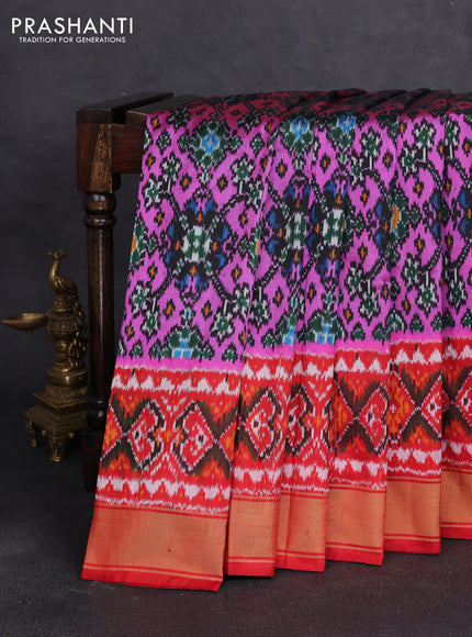 Pochampally silk saree pink and red with allover ikat weaves and ikat zari woven border