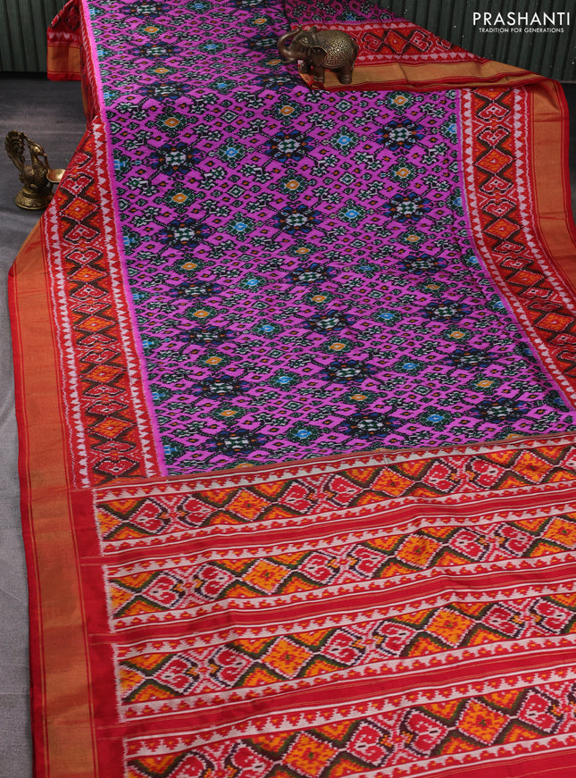 Pochampally silk saree pink and red with allover ikat weaves and ikat zari woven border