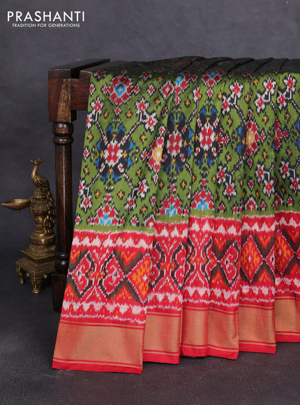 Pochampally silk saree green and red with allover thread weaves and ikat zari woven border