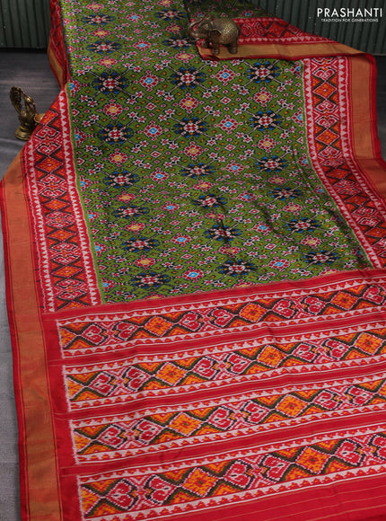 Pochampally silk saree green and red with allover thread weaves and ikat zari woven border