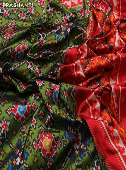 Pochampally silk saree green and red with allover thread weaves and ikat zari woven border