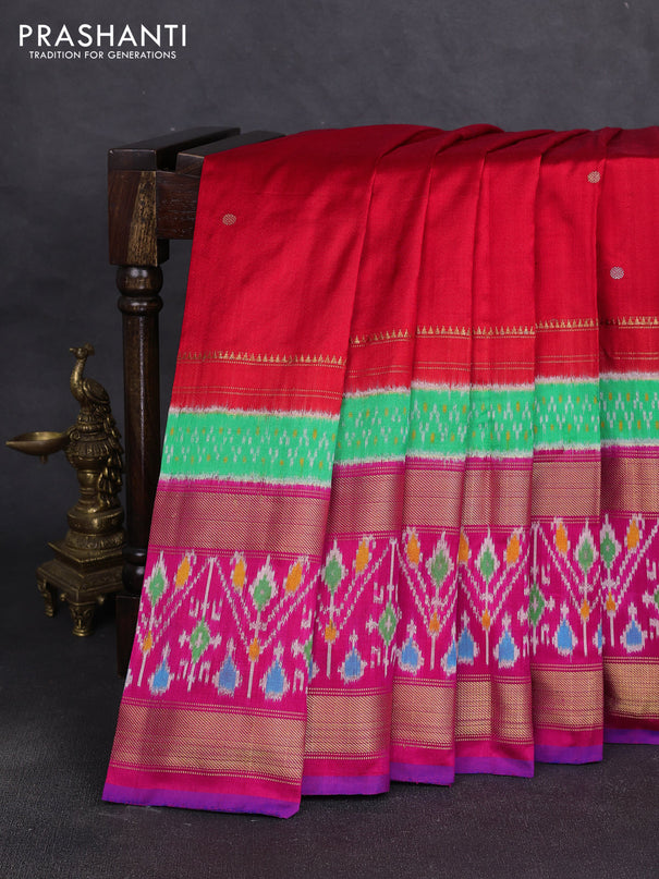 Pochampally silk saree red and pink with allover thread woven buttas and temple design ikat zari woven boder