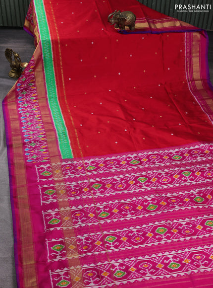 Pochampally silk saree red and pink with allover thread woven buttas and temple design ikat zari woven boder