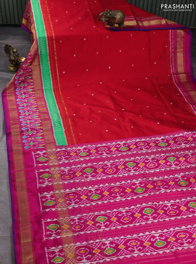 Pochampally silk saree red and pink with allover thread woven buttas and temple design ikat zari woven boder