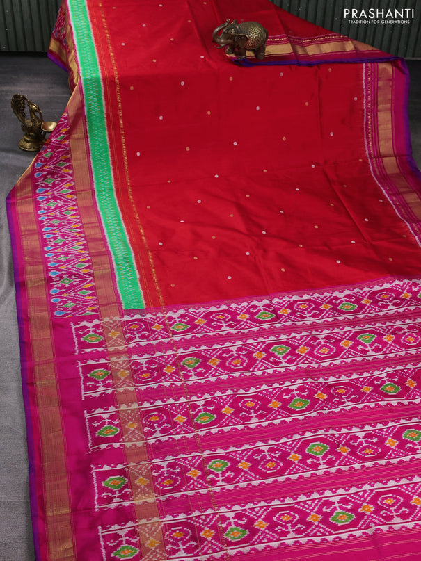 Pochampally silk saree red and pink with allover thread woven buttas and temple design ikat zari woven boder