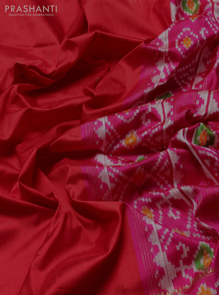 Pochampally silk saree red and pink with allover thread woven buttas and temple design ikat zari woven boder