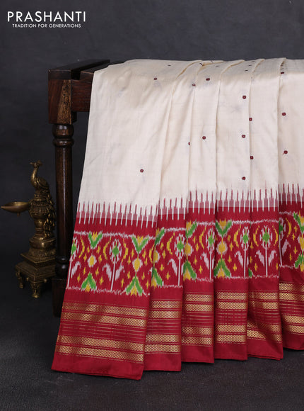 Pochampally silk saree off white and deep maroon with allover thread woven buttas and temple design ikat zari woven boder