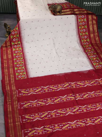 Pochampally silk saree off white and deep maroon with allover thread woven buttas and temple design ikat zari woven boder