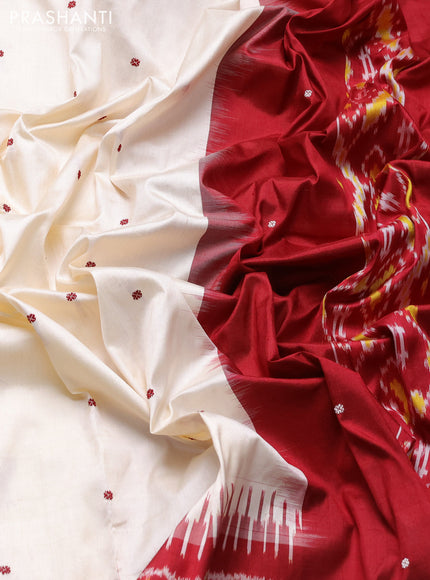Pochampally silk saree off white and deep maroon with allover thread woven buttas and temple design ikat zari woven boder