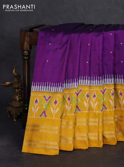Pochampally silk saree deep purple and mustard yellow with allover thread woven buttas and temple design ikat zari woven boder