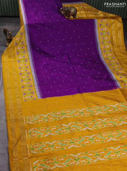 Pochampally silk saree deep purple and mustard yellow with allover thread woven buttas and temple design ikat zari woven boder
