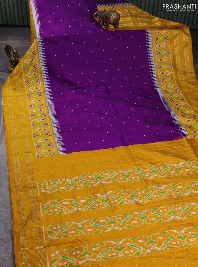 Pochampally silk saree deep purple and mustard yellow with allover thread woven buttas and temple design ikat zari woven boder