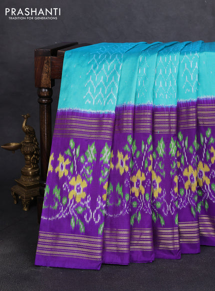Pochampally silk saree teal blue shade and violet with allover ikat weaves and long rettapet zari woven ikat border