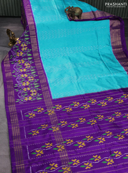 Pochampally silk saree teal blue shade and violet with allover ikat weaves and long rettapet zari woven ikat border