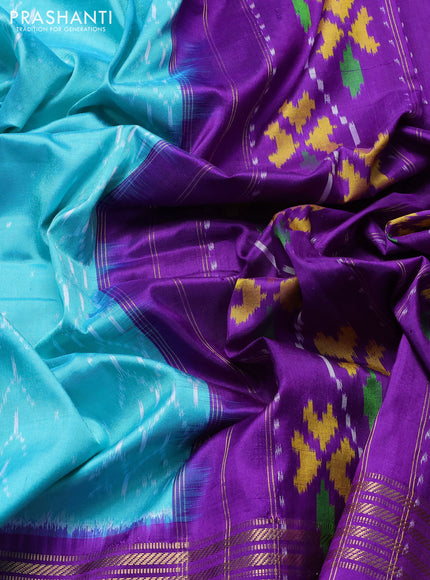 Pochampally silk saree teal blue shade and violet with allover ikat weaves and long rettapet zari woven ikat border