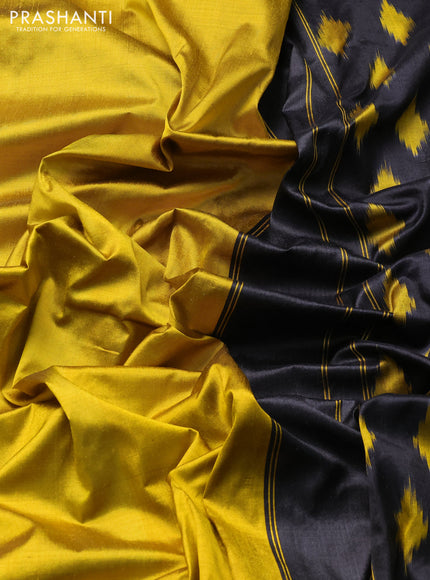 Pochampally silk saree dark mustard and black with plain body and temple design zari woven simple border