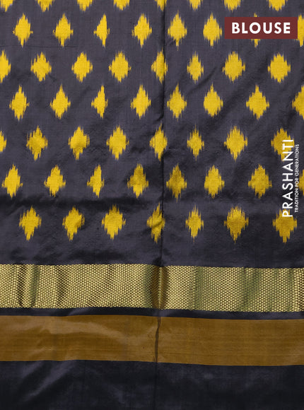 Pochampally silk saree dark mustard and black with plain body and temple design zari woven simple border