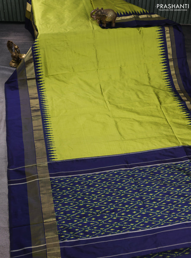 Pochampally silk saree light green with plain body and temple design zari woven simple border