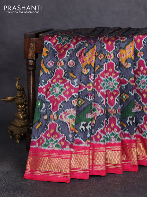 Pochampally silk saree dark grey and dark pink with allover ikat weaves and zari woven border