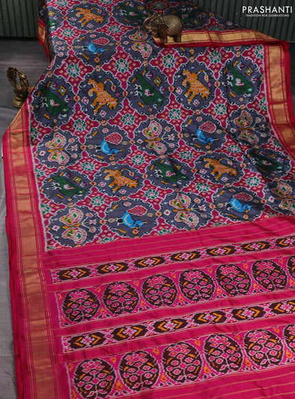 Pochampally silk saree dark grey and dark pink with allover ikat weaves and zari woven border