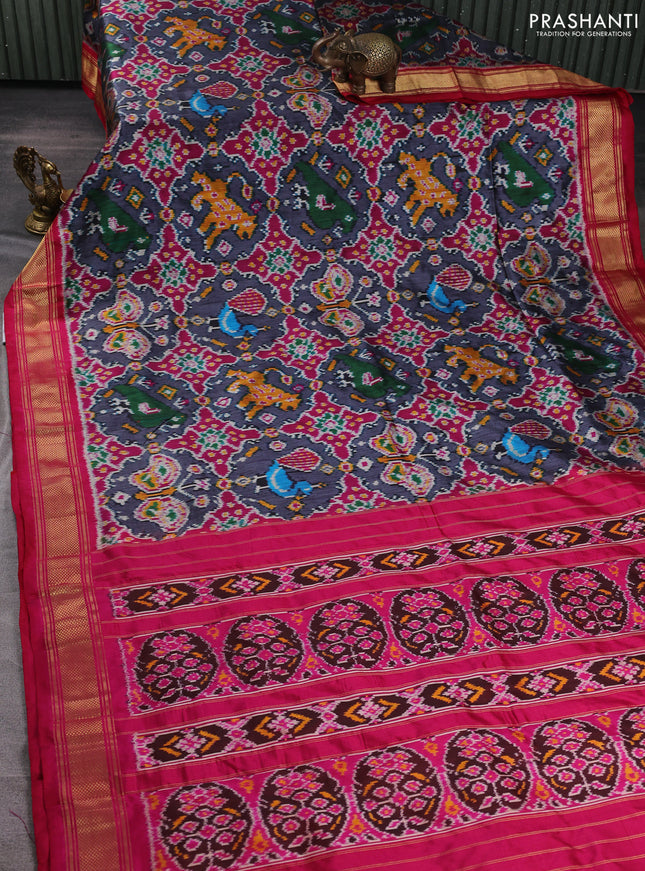 Pochampally silk saree dark grey and dark pink with allover ikat weaves and zari woven border