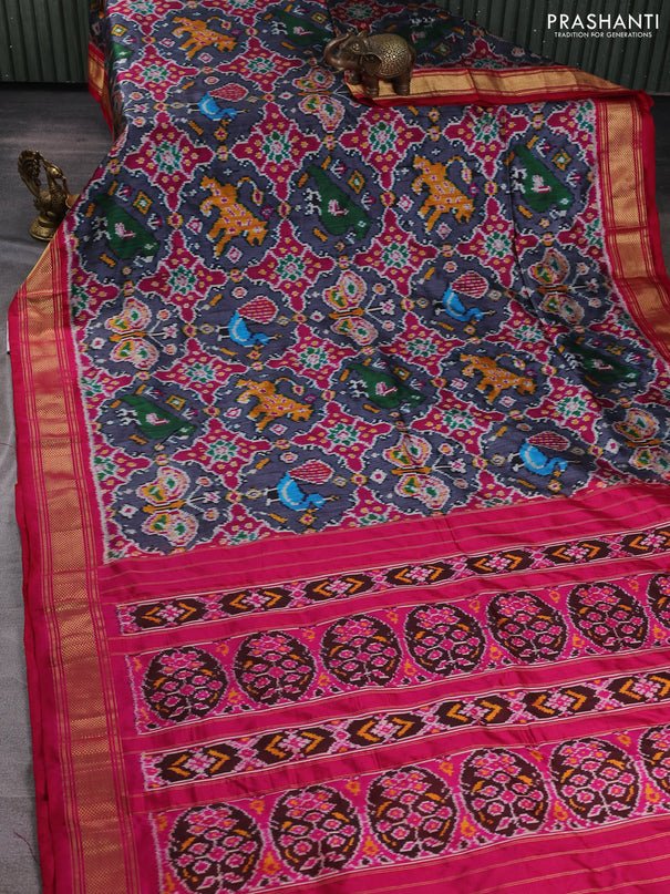 Pochampally silk saree dark grey and dark pink with allover ikat weaves and zari woven border