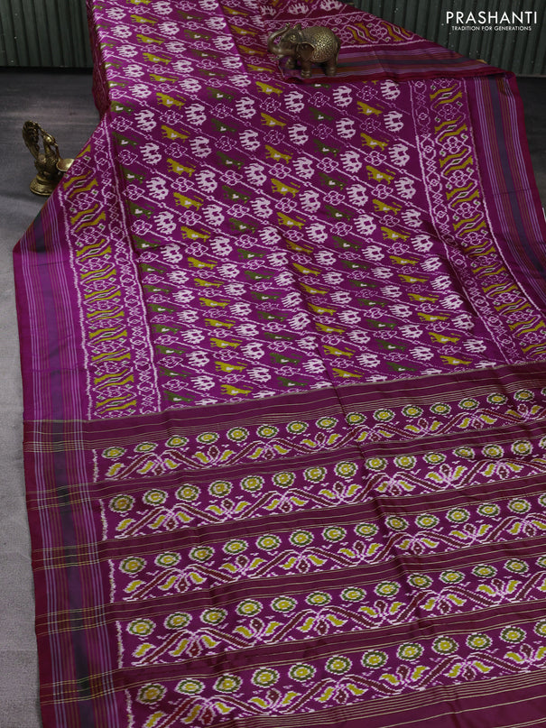 Pochampally silk saree purple and red with allover ikat woven buttas and ikat thread woven border