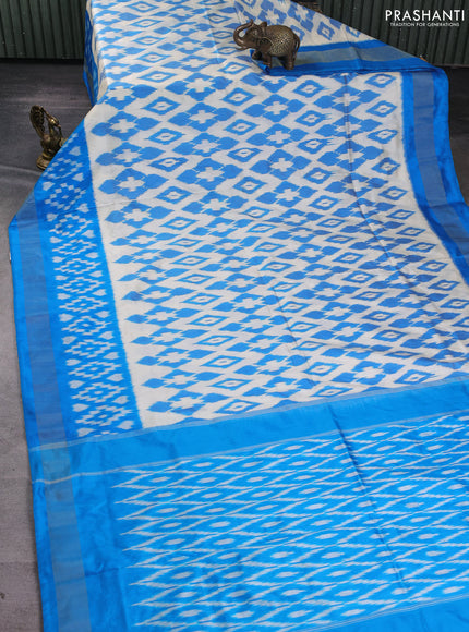 Pochampally silk saree off white and cs blue with allover ikat weaves and ikat zari woven border