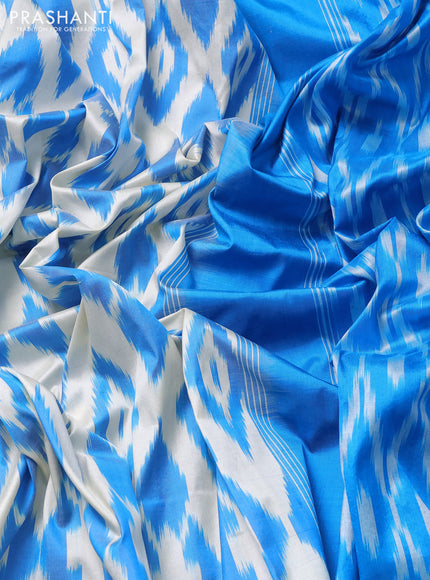 Pochampally silk saree off white and cs blue with allover ikat weaves and ikat zari woven border