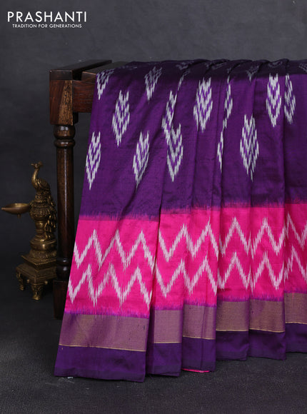 Pochampally silk saree deep purple and pink with allover ikat woven buttas and ikat zari woven border