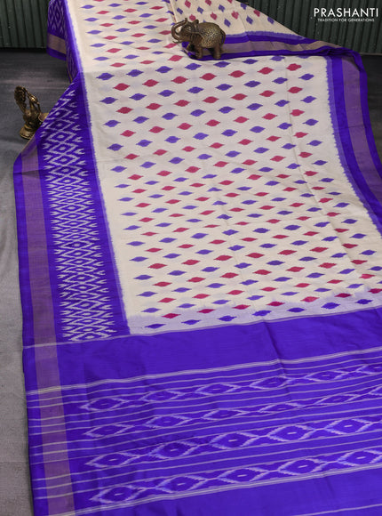 Pochampally silk saree off white and royal blue with allover ikat woven buttas and ikat zari woven border
