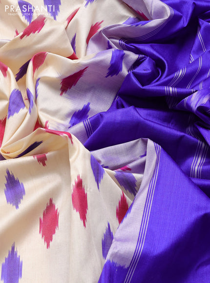 Pochampally silk saree off white and royal blue with allover ikat woven buttas and ikat zari woven border